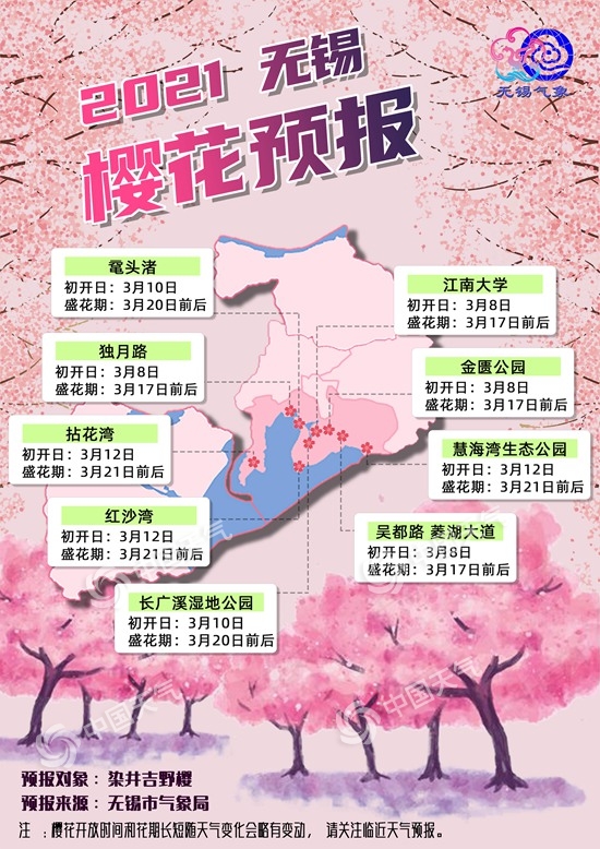 江苏无锡市气象局发布"2021年无锡樱花预报地图,预计今年无锡樱花将