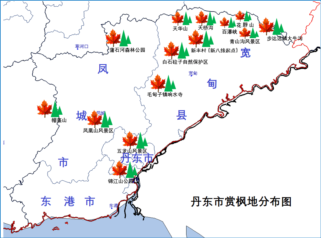 从南到北,有丹东市区的锦江山公园,有位于丹东市五龙背镇的五龙山风景